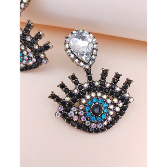 Rhinestone Beaded Turquoise Teardrop Eye Earrings GLAM BLING BOHO PARTY GIFT - Picture 2 of 3
